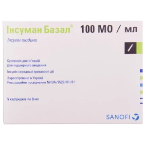 Инсуман Базал суспензия для инъекций 100 МЕ/мл картридж 3 мл №5- цены в Нововолынске