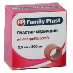 Лейкопластир Family plast мед. 2.5смх500см папер. тілес.- ціни у Новомосковську