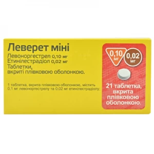 Леверет Міні таблетки вкриті плівковою оболонкою 0,10 мг/0,02 мг №21- ціни у Дніпрорудному