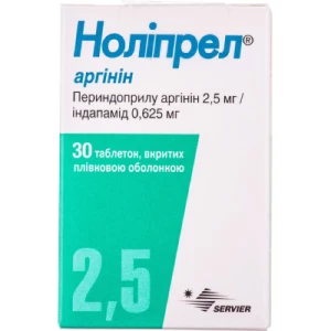 Нолипрел аргинин таблетки покрытые пленочной оболочкой 2,5 мг + 0,625 мг контейнер №30- цены в Покровске