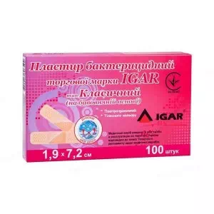 Пластир бактерицидний IGAR тип Класичний на тканинній основі (бавовна) 1,9 см х 7,2 см, 100 штук- ціни у Умані